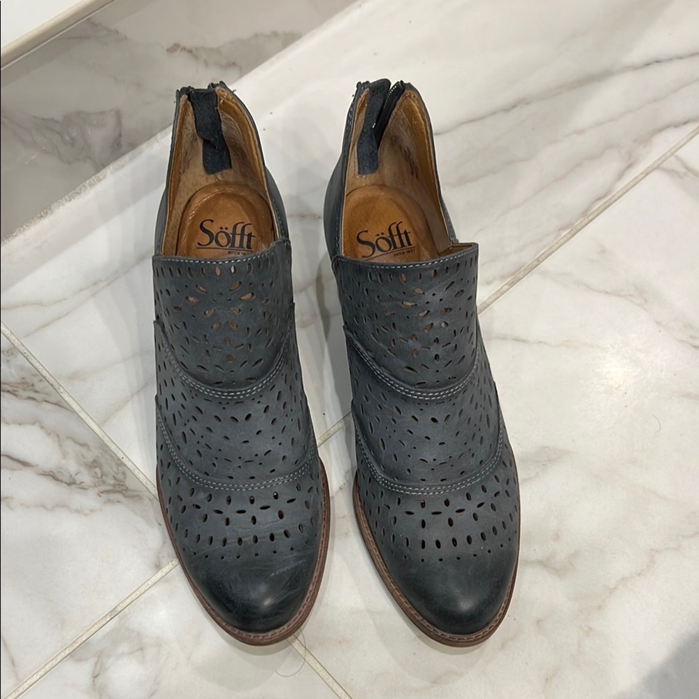 Sofft Grey-Blue Ankle Booties with Perforated Design